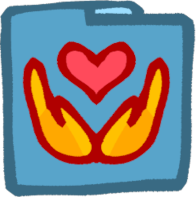 a blue folder. inside it are two yellow hands cradling a red heart which is hovering above them.